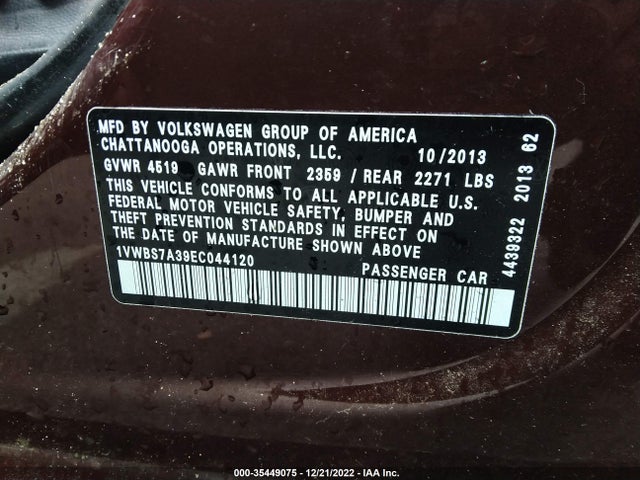 1VWBS7A39EC044120 Volkswagen Passat Se W/sunroof