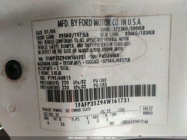 2004 FORD FOCUS ZTW VIN: 1FAFP35Z94W161731