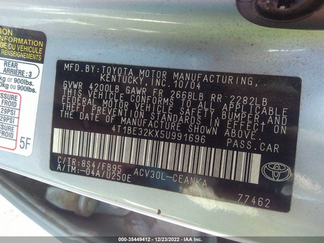 2005 TOYOTA CAMRY STD/LE/SE/XLE VIN: 4T1BE32KX5U991696