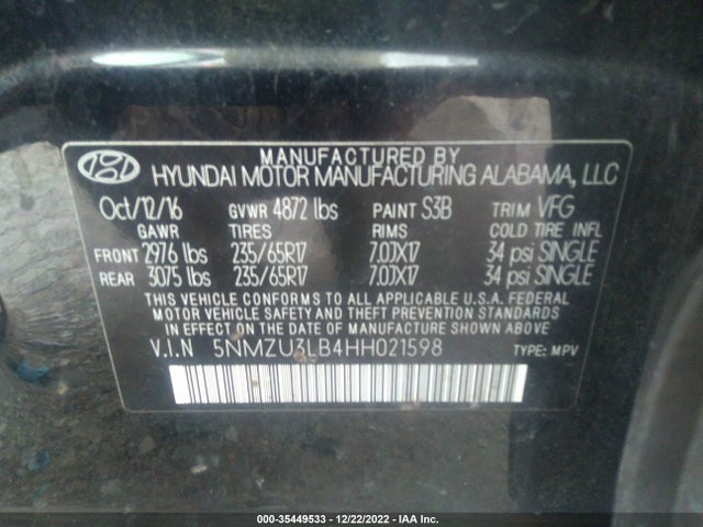 2017 HYUNDAI SANTA FE SPORT 2.4L VIN: 5NMZU3LB4HH021598