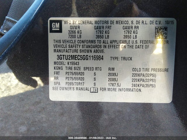 2016 GMC SIERRA 1500 SLE VIN: 3GTU2MEC5GG116984