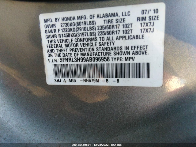 2010 HONDA ODYSSEY TOURING VIN: 5FNRL3H99AB096958