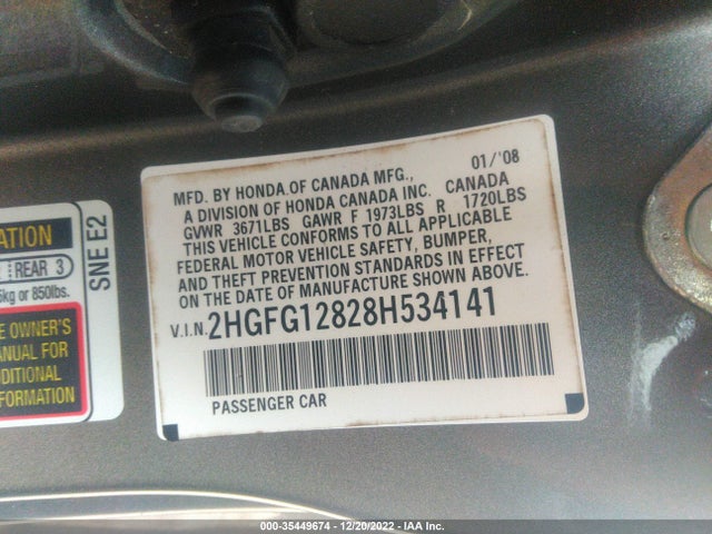 2008 HONDA CIVIC CPE EX VIN: 2HGFG12828H534141