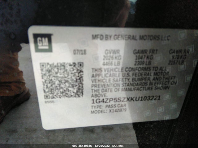 35449686 :رقم المزاد ، 1G4ZP5SZXKU103221 vin ، 2019 Buick Lacrosse Essence مزاد بيع
