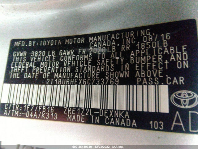 2016 Toyota Corolla, VIN: 2T1BURHEXGC733769