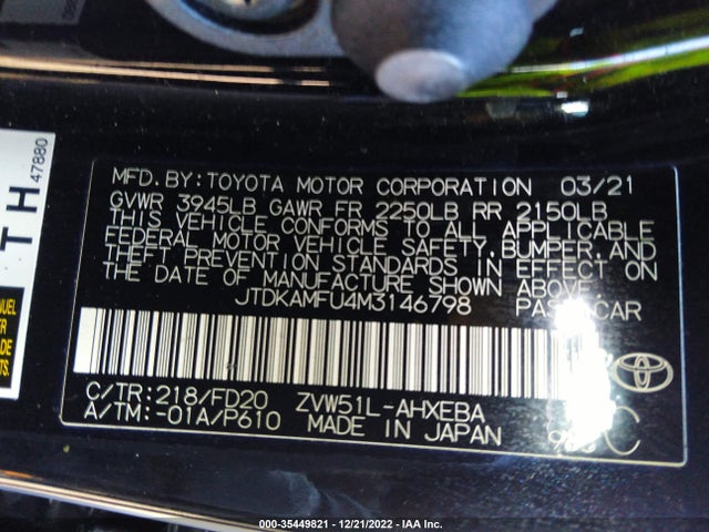 2021 Toyota Prius, VIN: JTDKAMFU4M3146798