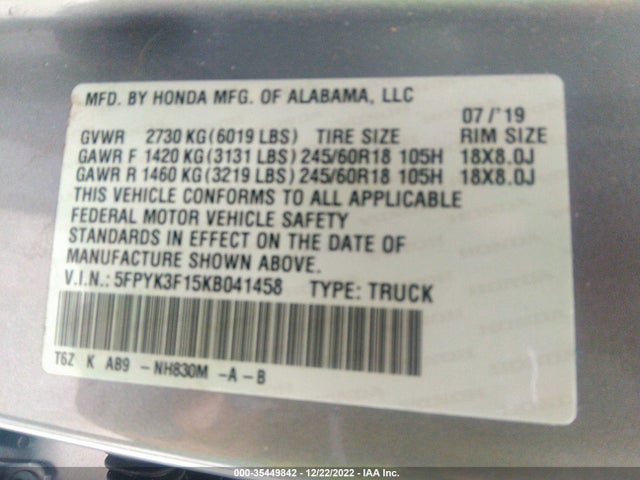 2019 Honda Ridgeline, VIN: 5FPYK3F15KB041458