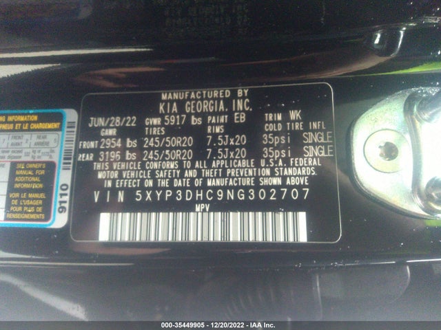 2022 KIA TELLURIDE EX VIN: 5XYP3DHC9NG302707