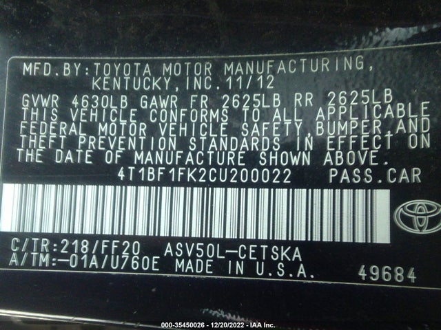 2012 TOYOTA CAMRY L/LE/SE/XLE VIN: 4T1BF1FK2CU200022