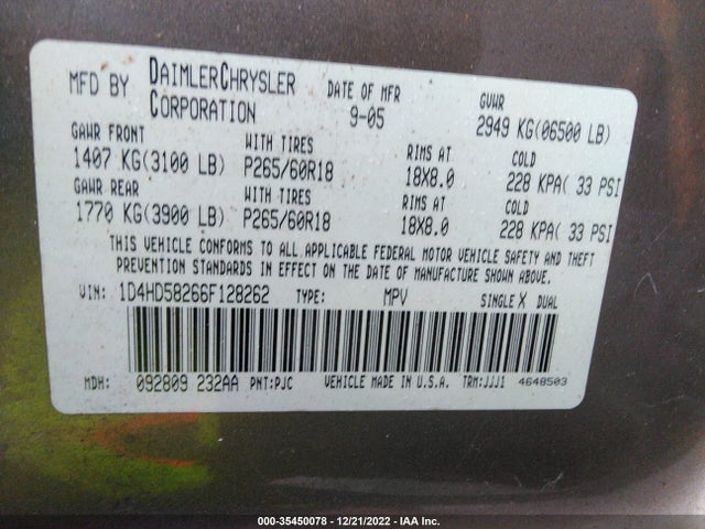 Dodge DURANGO LIMITED 2006 1D4HD58266F128262 Image 10