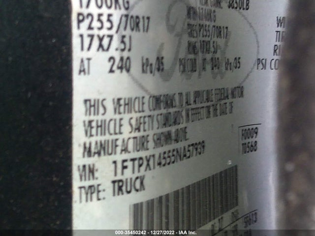 2005 FORD F-150 XLT/FX4/LARIAT/XL VIN: 1FTPX14555NA57939