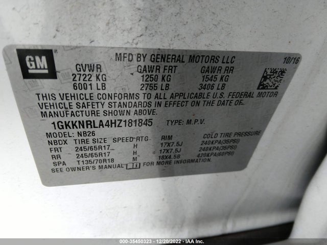 GMC ACADIA SLE 2017 1GKKNRLA4HZ181845 Image 9