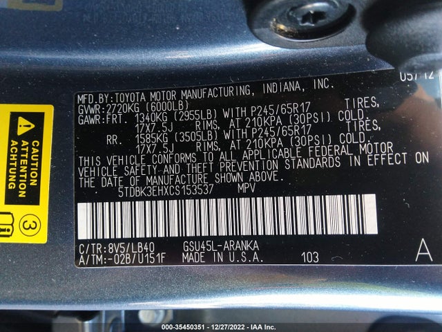2012 TOYOTA HIGHLANDER VIN: 5TDBK3EHXCS153537