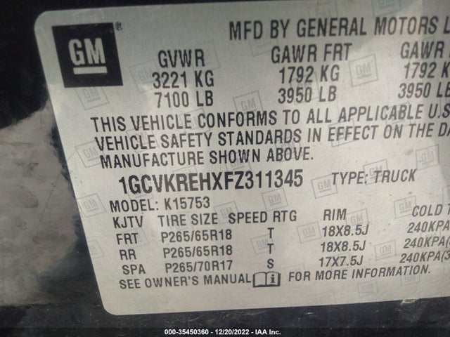 2015 CHEVROLET SILVERADO 1500 LT VIN: 1GCVKREHXFZ311345