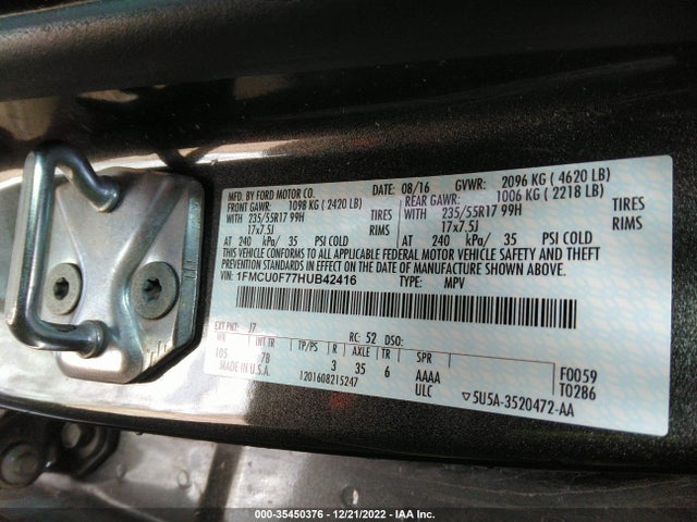 2017 FORD ESCAPE S VIN: 1FMCU0F77HUB42416