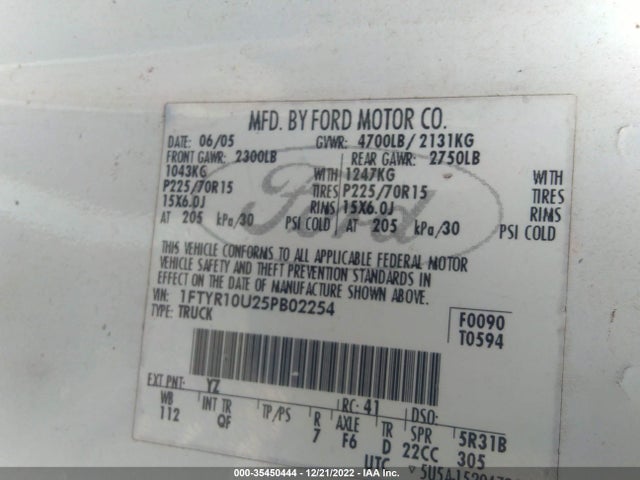 2005 FORD RANGER XL/XLT/EDGE/STX VIN: 1FTYR10U25PB02254