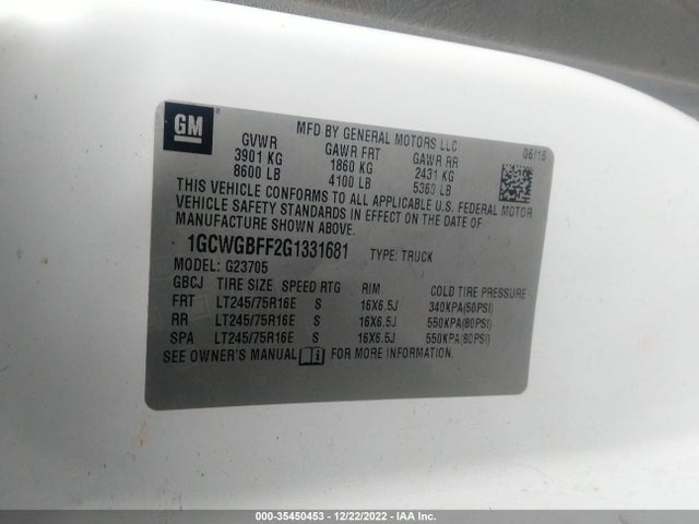 Chevrolet EXPRESS CARGO VAN 2016 1GCWGBFF2G1331681 Image 9