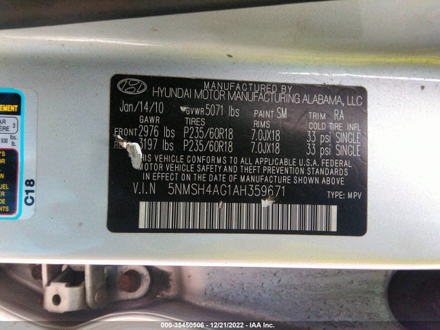 2010 HYUNDAI SANTA FE SE VIN: 5NMSH4AG1AH359671