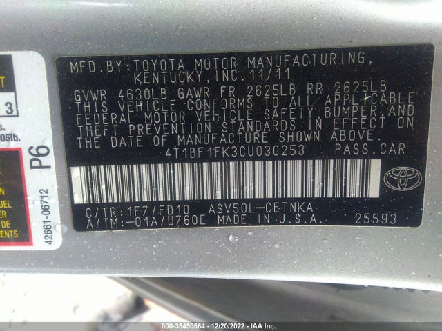 2012 TOYOTA CAMRY L/LE/SE/XLE VIN: 4T1BF1FK3CU030253