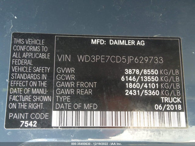 2018 Mercedes-Benz Sprinter, VIN: WD3PE7CD5JP629733