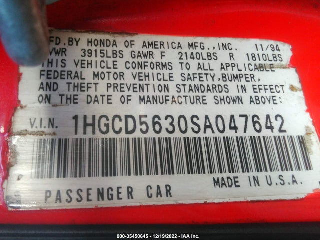 1995 HONDA ACCORD LX/EX VIN: 1HGCD5630SA047642