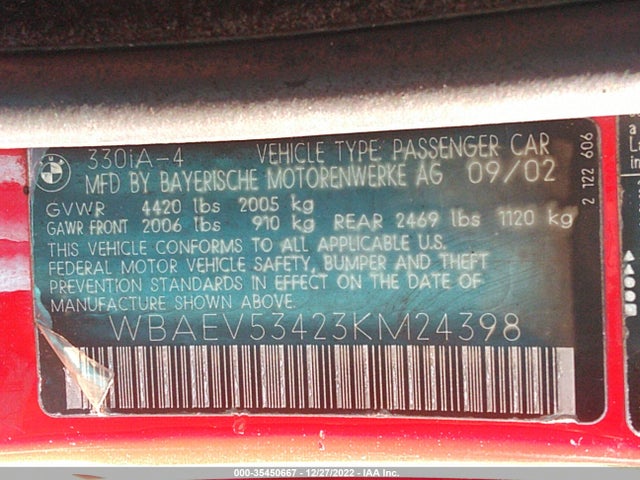 2003 BMW 3 SERIES 330I VIN: WBAEV53423KM24398