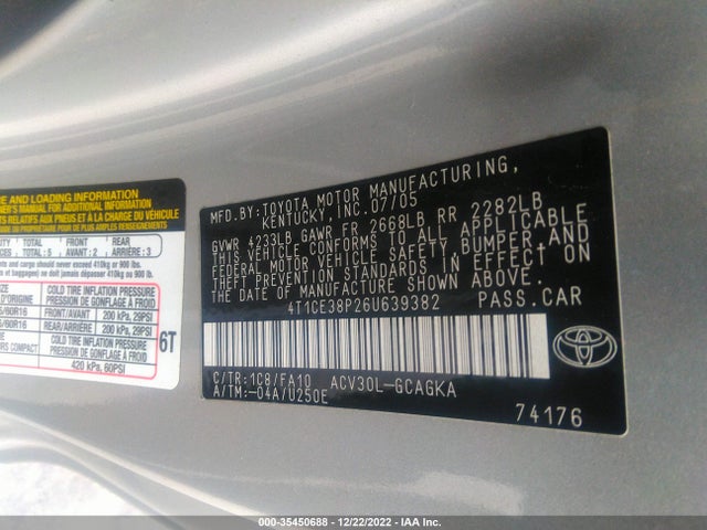 2006 TOYOTA CAMRY SOLARA SE/SPT/SLE VIN: 4T1CE38P26U639382