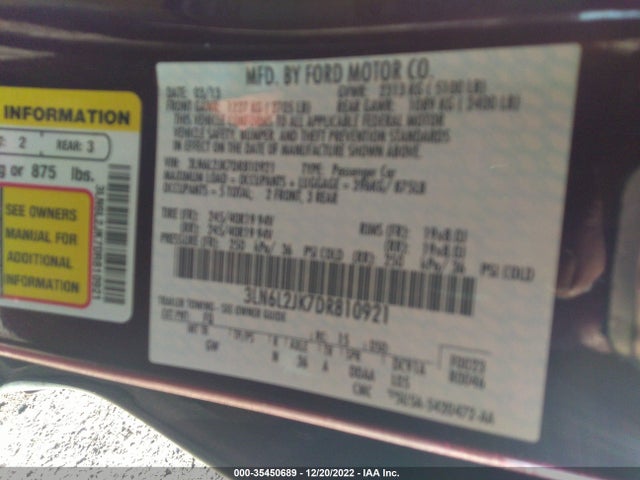 Lincoln MKZ 2013 3LN6L2JK7DR810921 Image 9