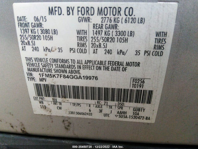 2016 FORD EXPLORER LIMITED VIN: 1FM5K7F84GGA19976