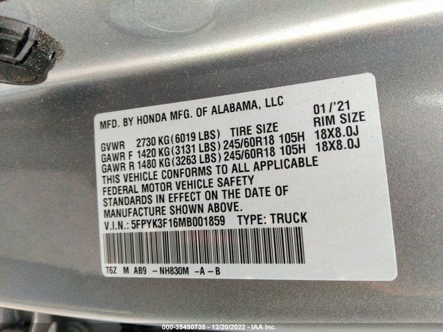 2021 Honda Ridgeline, VIN: 5FPYK3F16MB001859