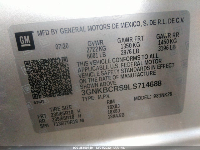 2020 Chevrolet Blazer, VIN: 3GNKBCRS9LS714688