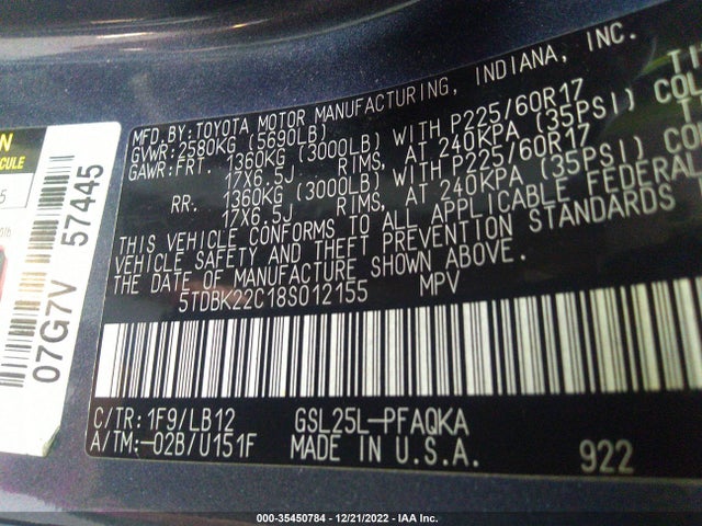 2008 TOYOTA SIENNA XLE VIN: 5TDBK22C18S012155