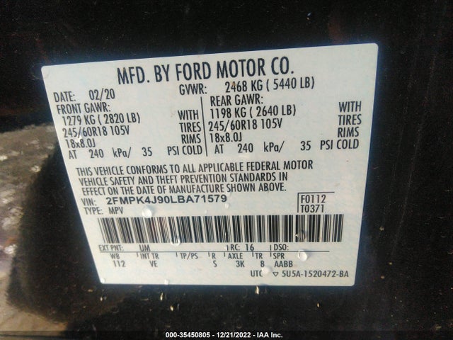 2020 Ford Edge, VIN: 2FMPK4J90LBA71579
