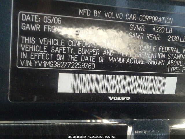 2007 VOLVO S40 2.4L VIN: YV1MS382772259760