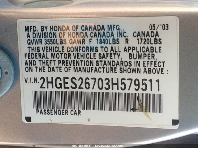 2003 HONDA CIVIC EX VIN: 2HGES26703H579511