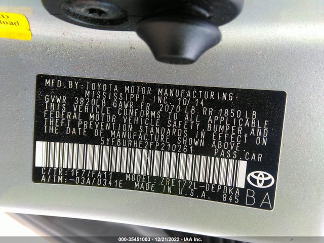 Toyota Corolla L/le/s/s Plus/le Plus 2015 5YFBURHE2FP210261 Image 10