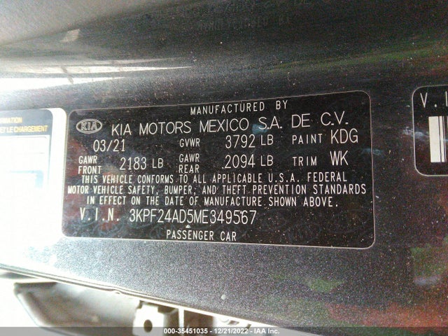 2021 KIA FORTE LXS VIN: 3KPF24AD5ME349567