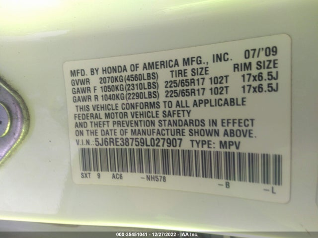 2009 HONDA CR-V EX-L VIN: 5J6RE38759L027907