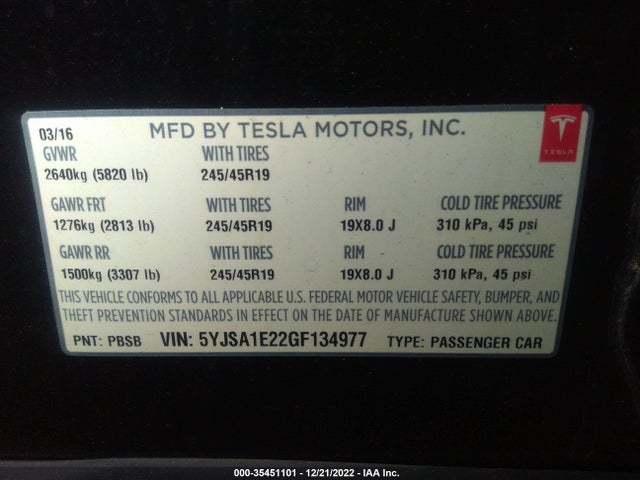 Tesla MODEL S 2016 5YJSA1E22GF134977 Image 9