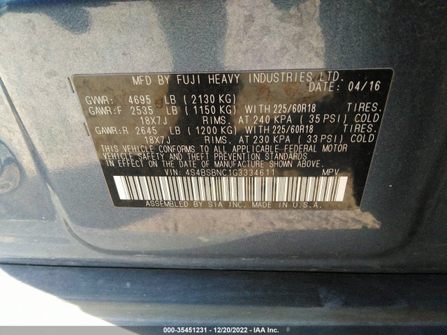 2016 Subaru Outback, VIN: 4S4BSBNC1G3334611