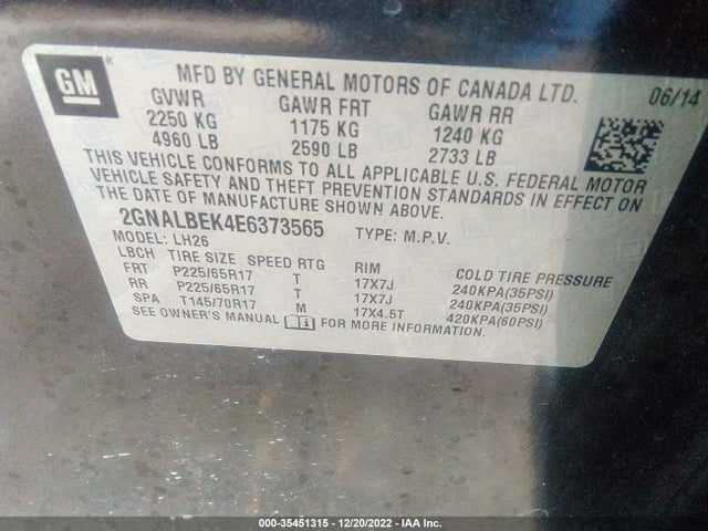 Chevrolet EQUINOX LT 2014 2GNALBEK4E6373565 Image 10