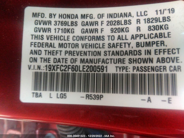 Honda Civic Sedan Lx 2020 19XFC2F60LE200591 Image 9