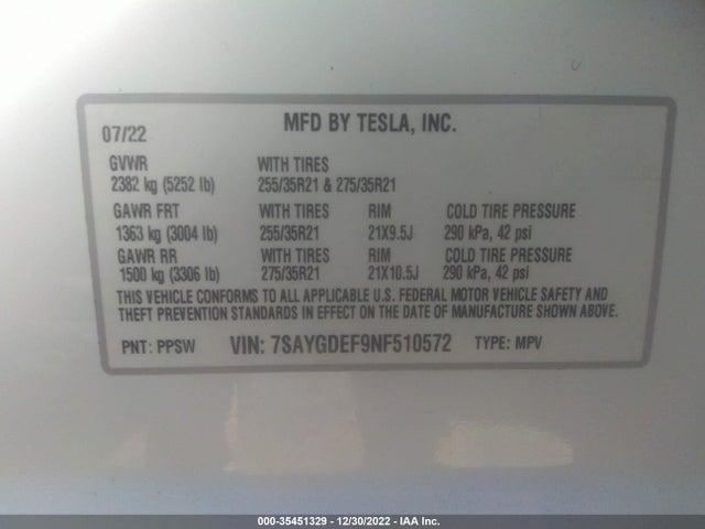 2022 Tesla Model Y, VIN: 7SAYGDEF9NF510572