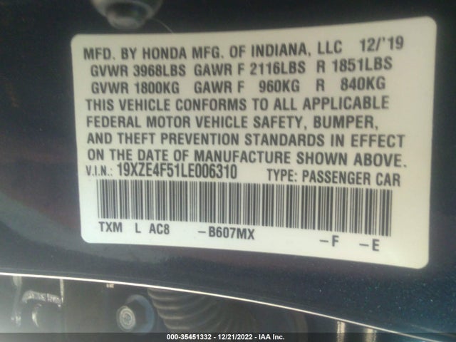 Honda INSIGHT EX 2020 19XZE4F51LE006310 Image 9