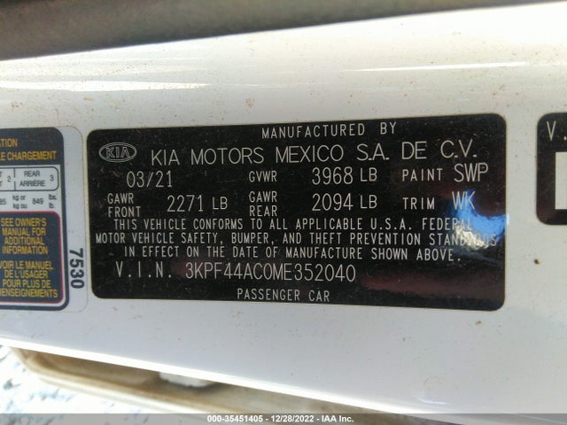 2021 KIA FORTE GT VIN: 3KPF44AC0ME352040