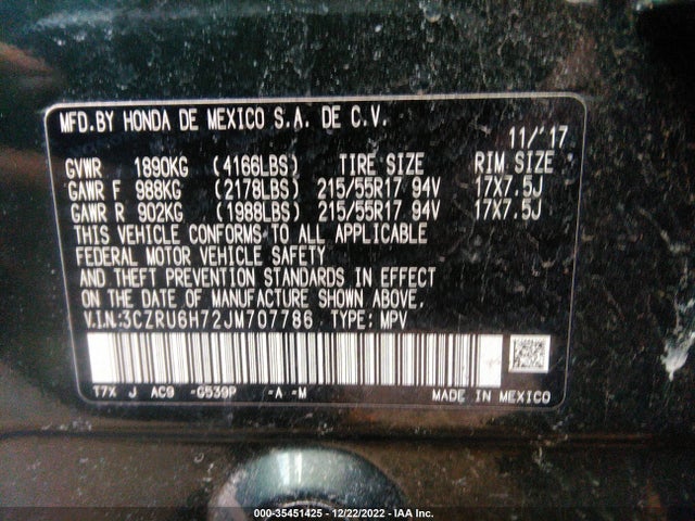 2018 Honda HR-V, VIN: 3CZRU6H72JM707786