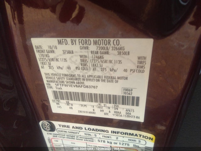 2010 FORD F-150 XL/XLT/FX4/LARIAT VIN: 1FTFW1EV8AFD83767