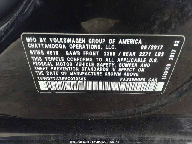 1VWDT7A38HC079595 Volkswagen Passat R-line W/comfort Pkg