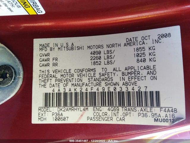 4A3AK24F49E033427 Mitsubishi ECLIPSE GS