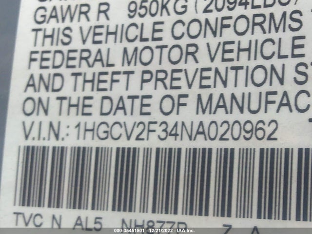 2022 HONDA ACCORD SEDAN SPORT VIN: 1HGCV2F34NA020962